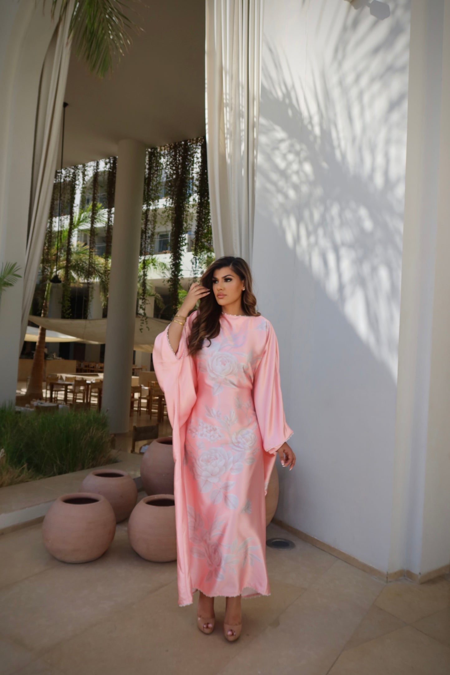 Aveline modest pink kaftan dress with internal waist belt for shaping.