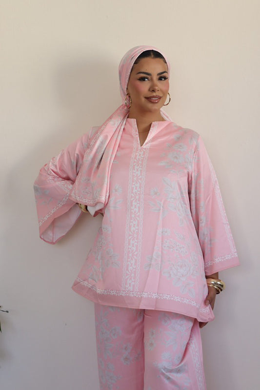 Aveline modest pink satin blouse with matching scarf hijab from co ord set.