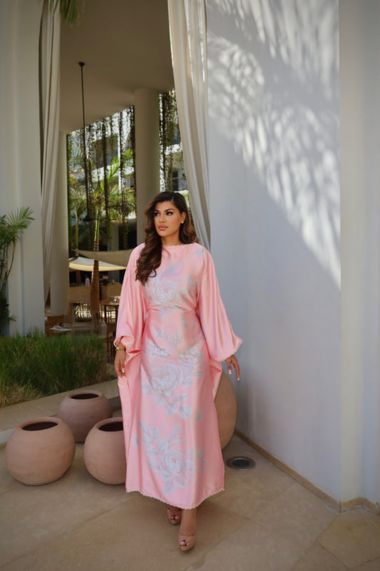 Aveline pink modest maxi kaftan with pearl trim neckline and sleeves.