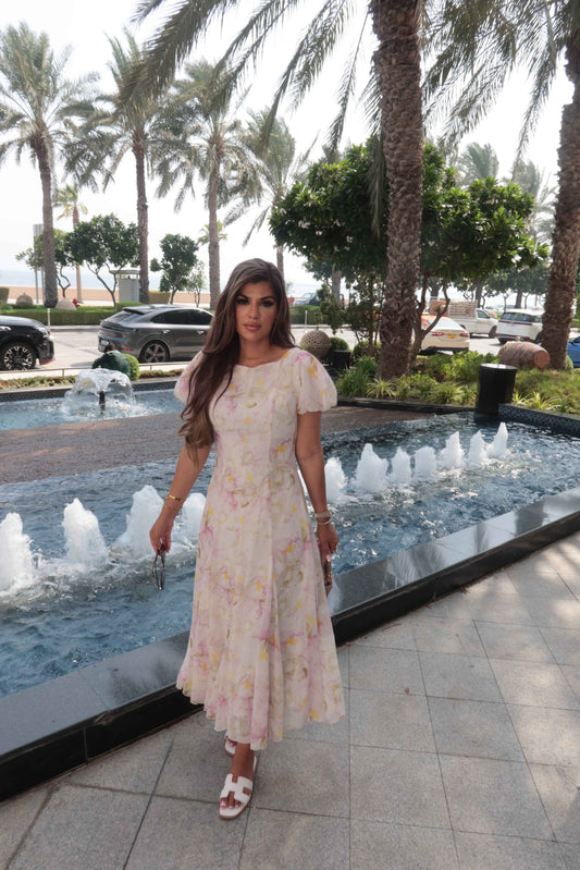 Fioraè modest floral chiffon maxi dress in lightweight printed fabric.