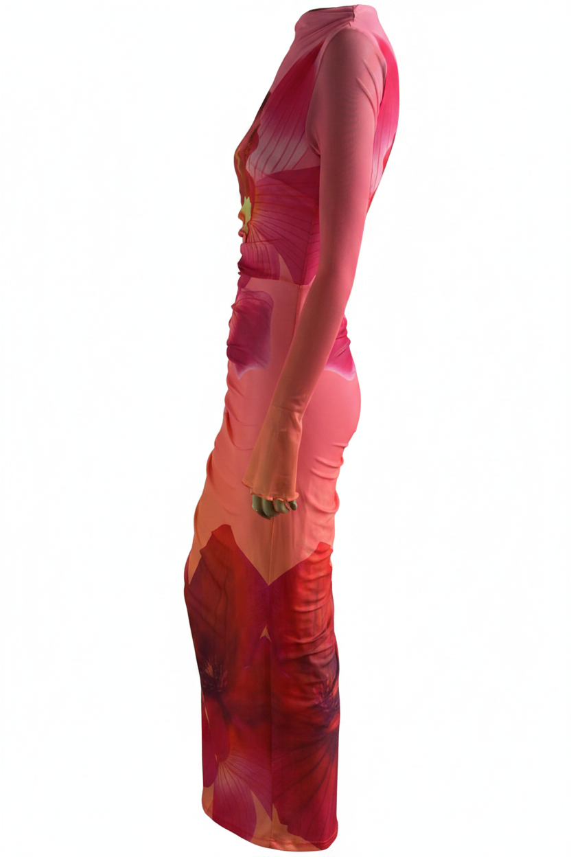 Solira modest pink floral ruched midi dress side view showing fitted silhouette and stretch mesh fabric.