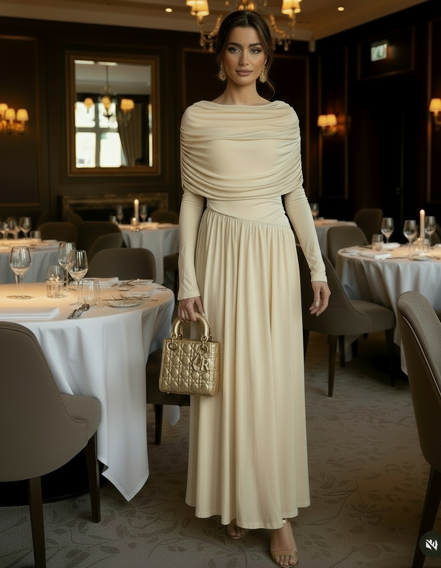 Lunara butter yellow modest formal maxi dress with draped bodice.