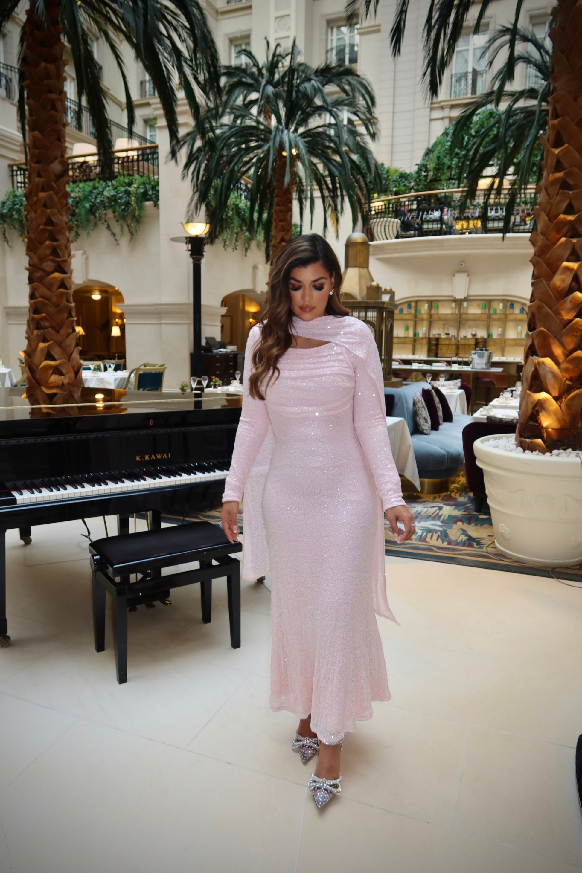 Blushéra blush pink modest evening maxi dress in sequin fabric.