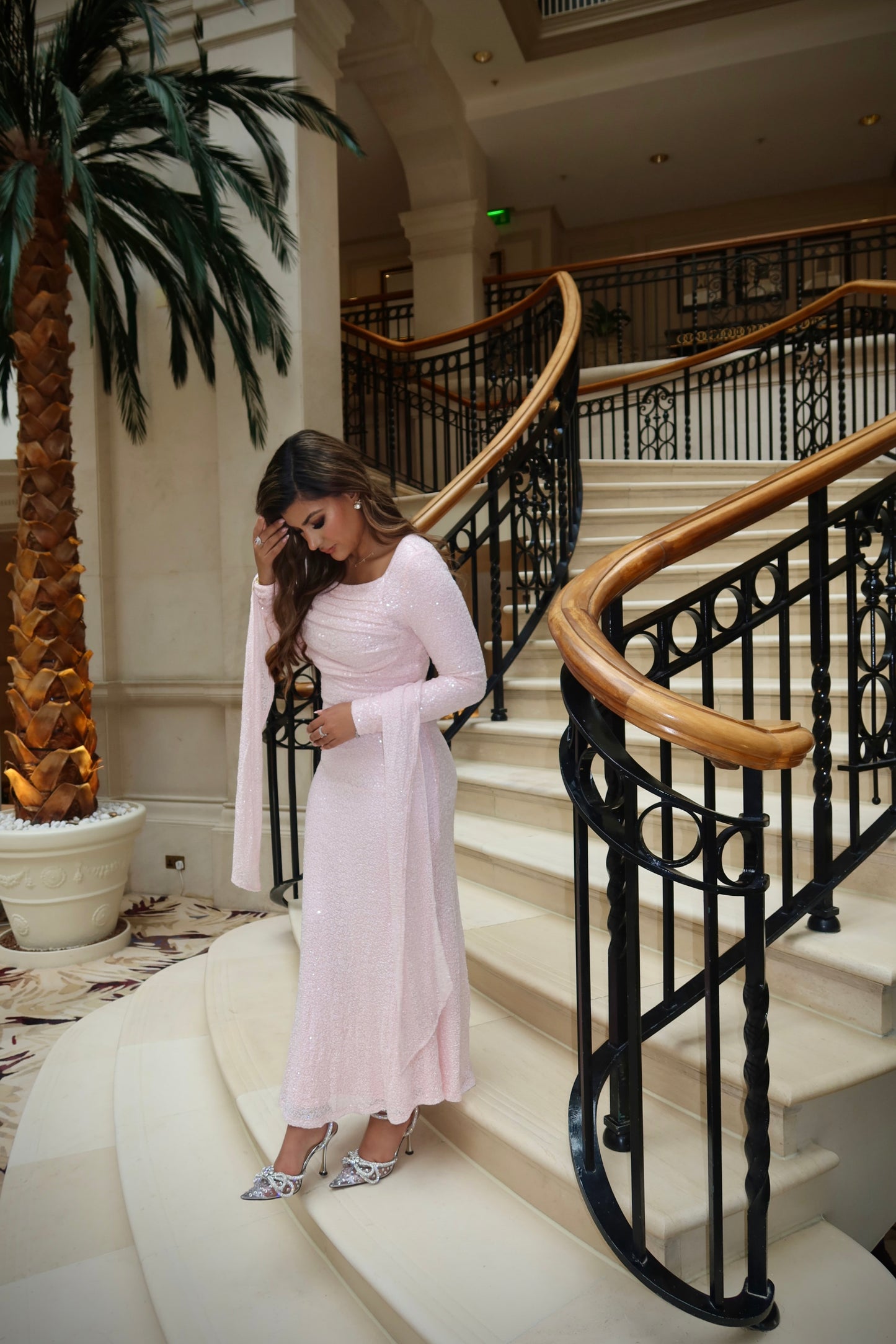 Blushéra modest blush sequin wedding guest maxi dress.