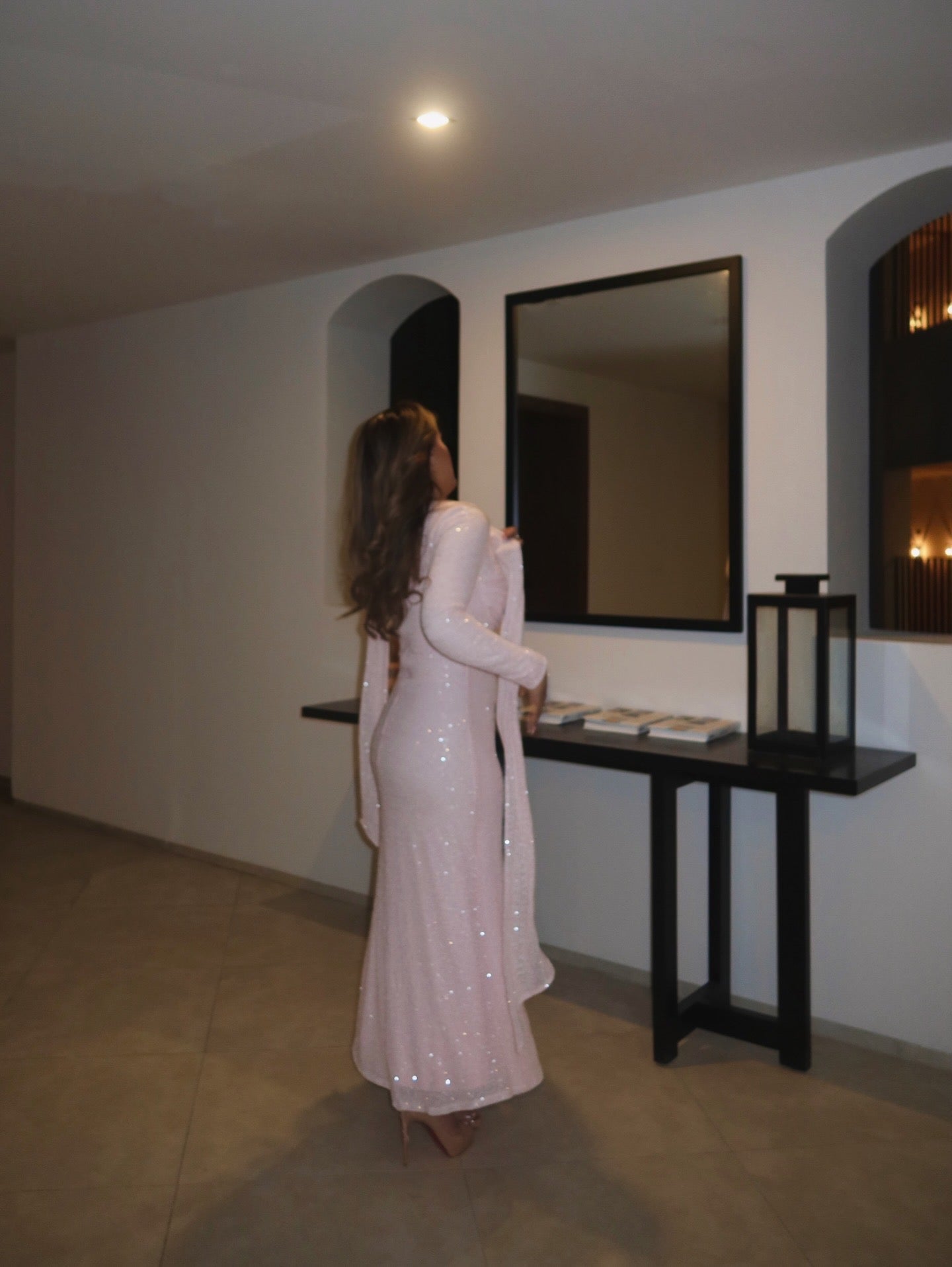 Blushéra blush pink sequin maxi dress back view with long sleeves