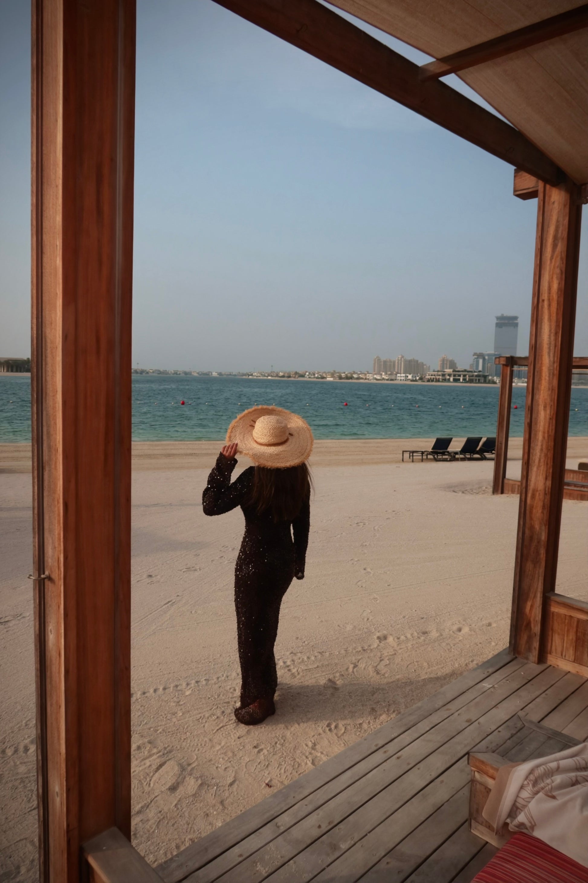 Vierra brown sequin crochet maxi dress back view.