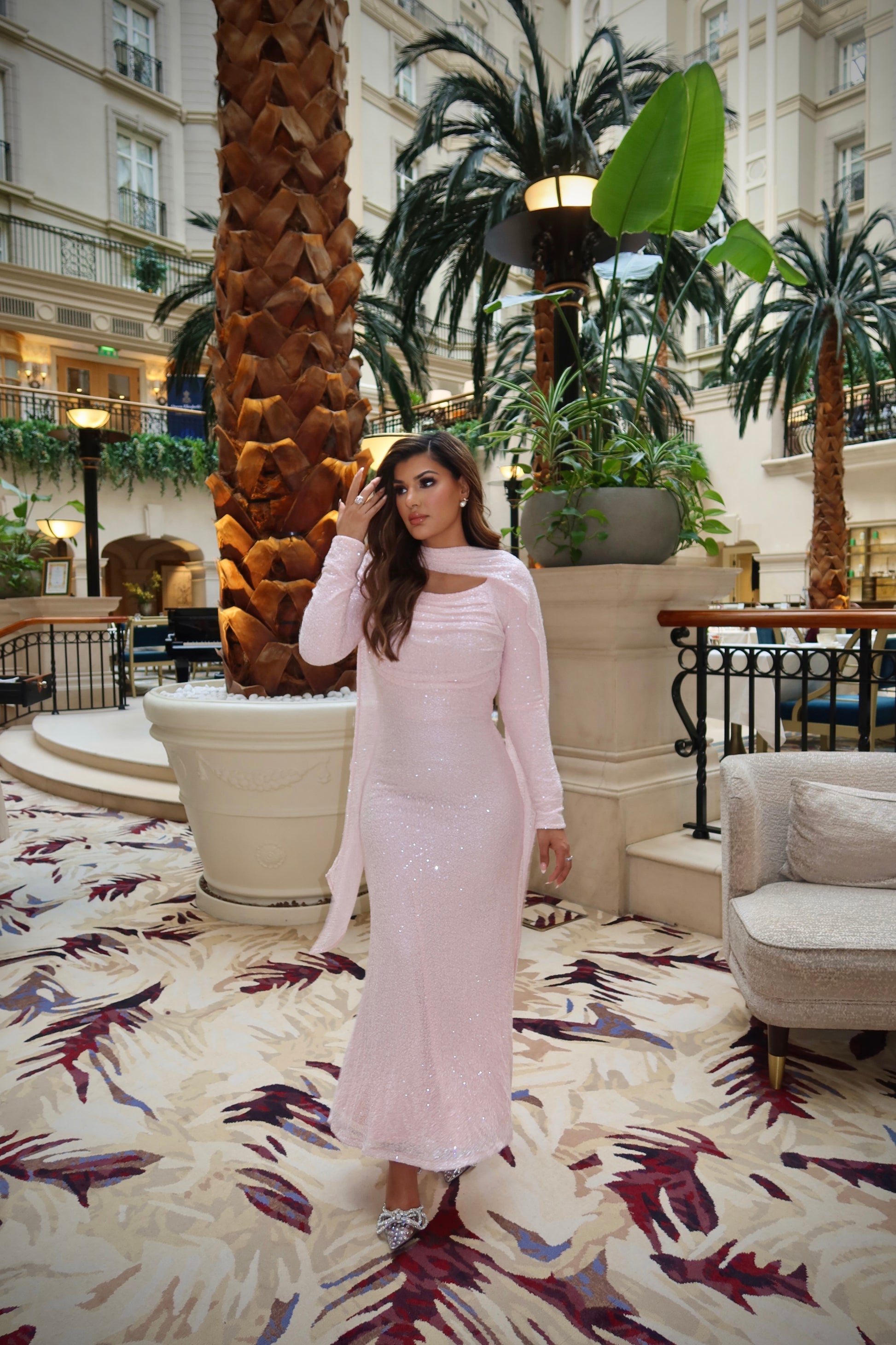 Blushéra modest blush pink sequin maxi dress with long sleeves.