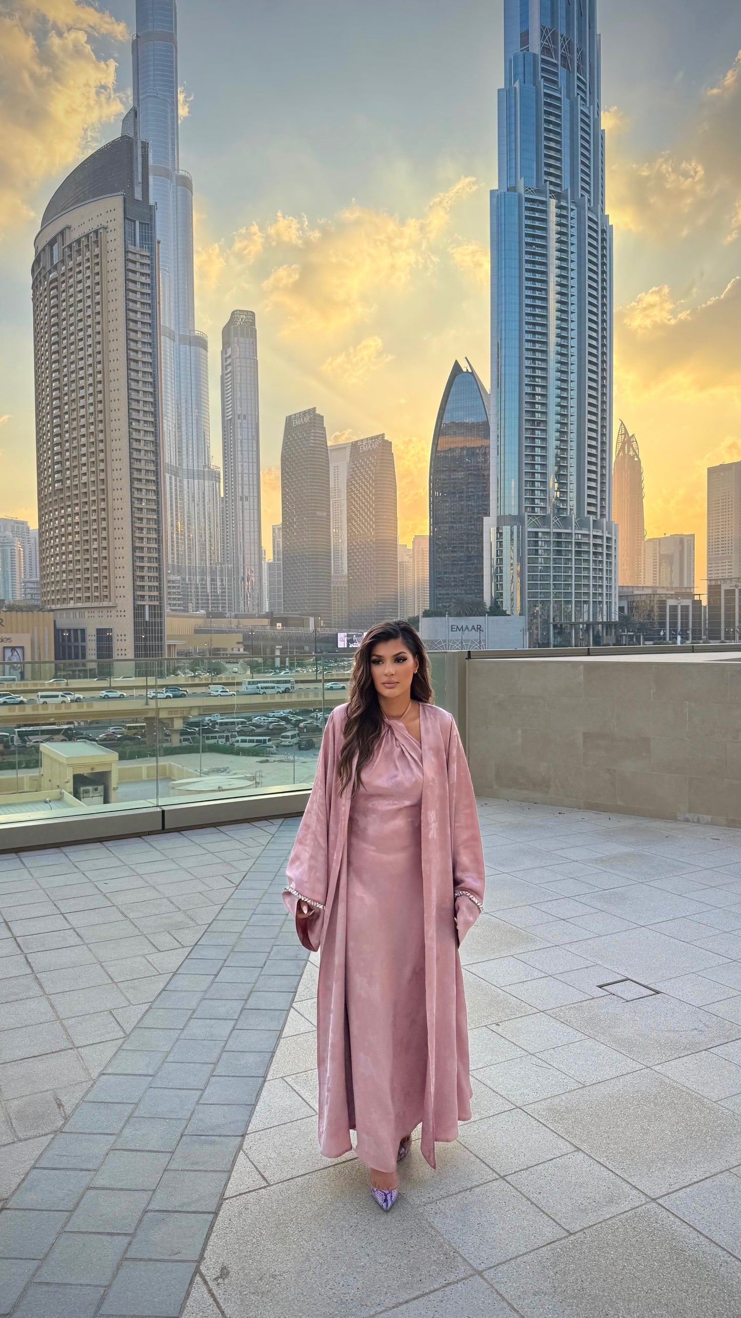 Open abaya two piece set with matching halter neck dress.