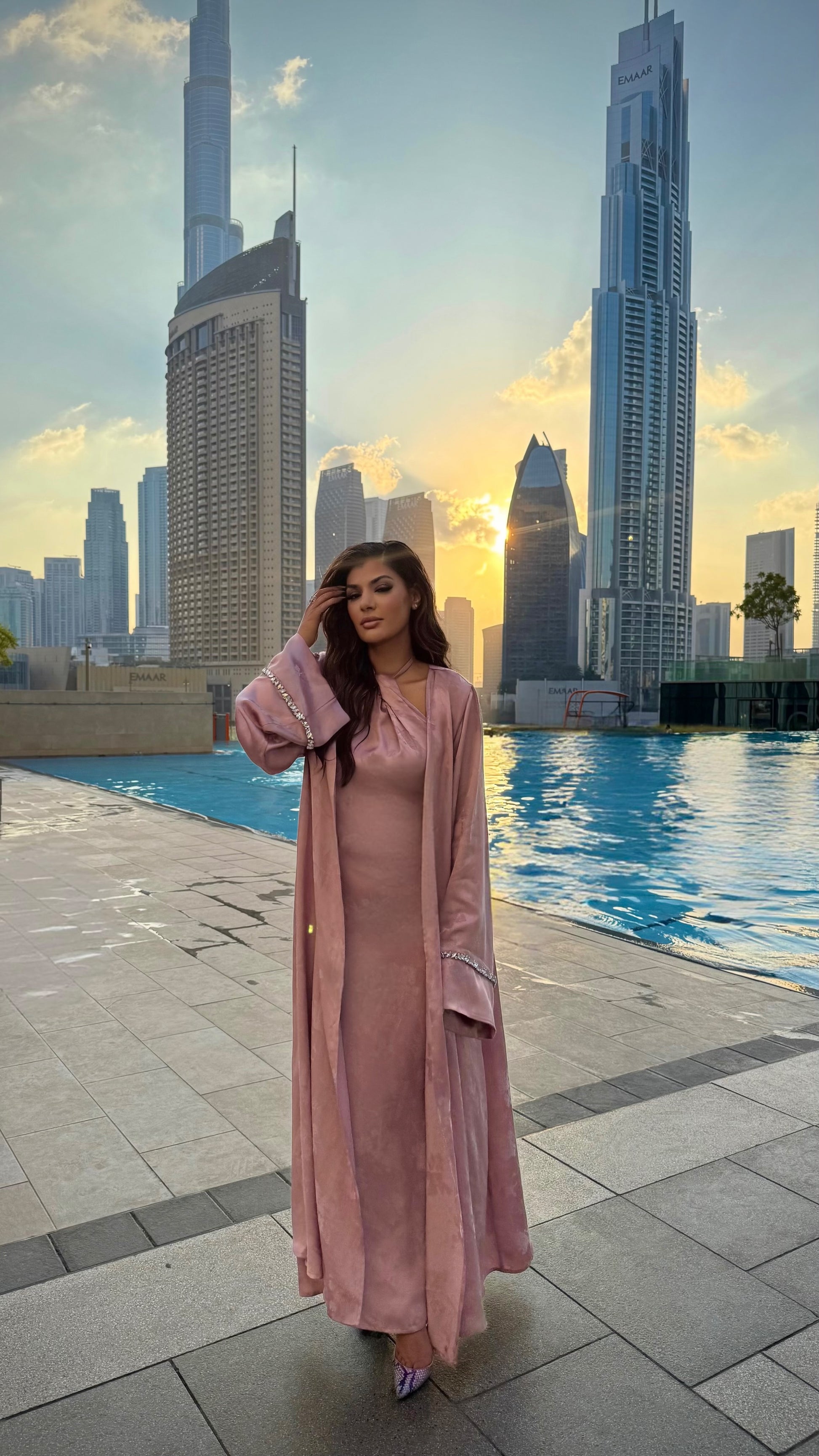 Modest two piece abaya set with halter neck maxi dress.