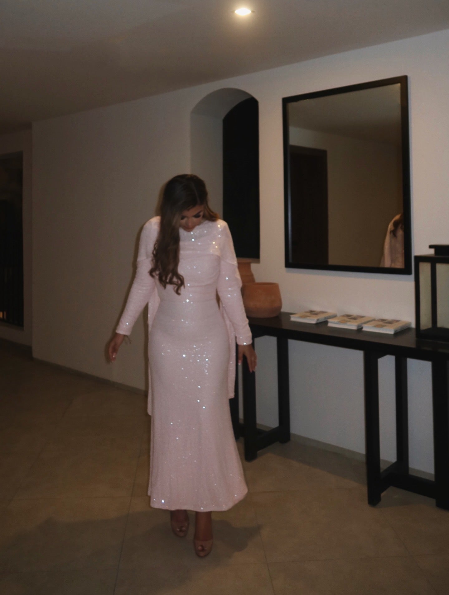 Blushéra modest blush pink fitted sequin maxi dress.