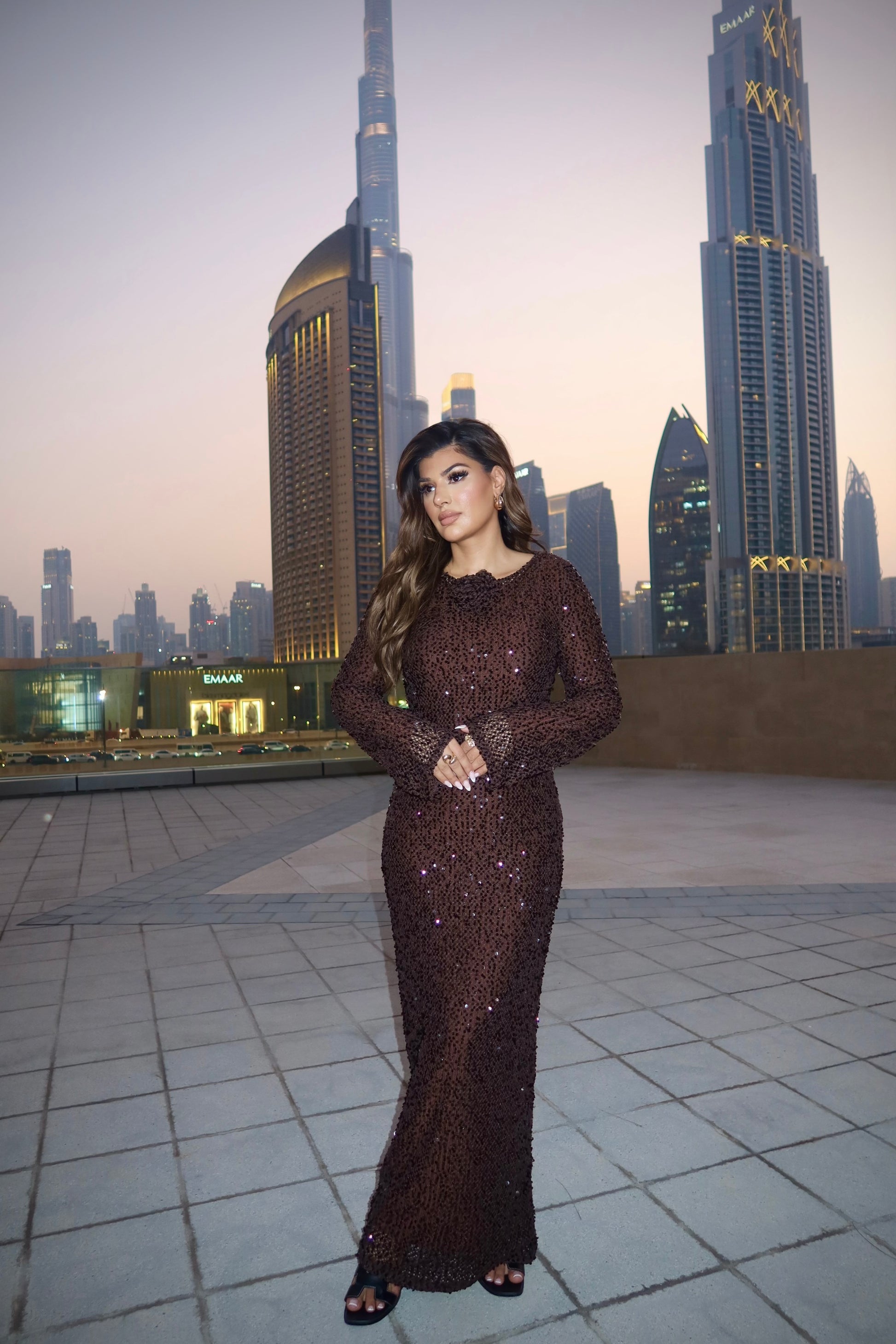 Vierra modest brown long sleeve sequin maxi dress.