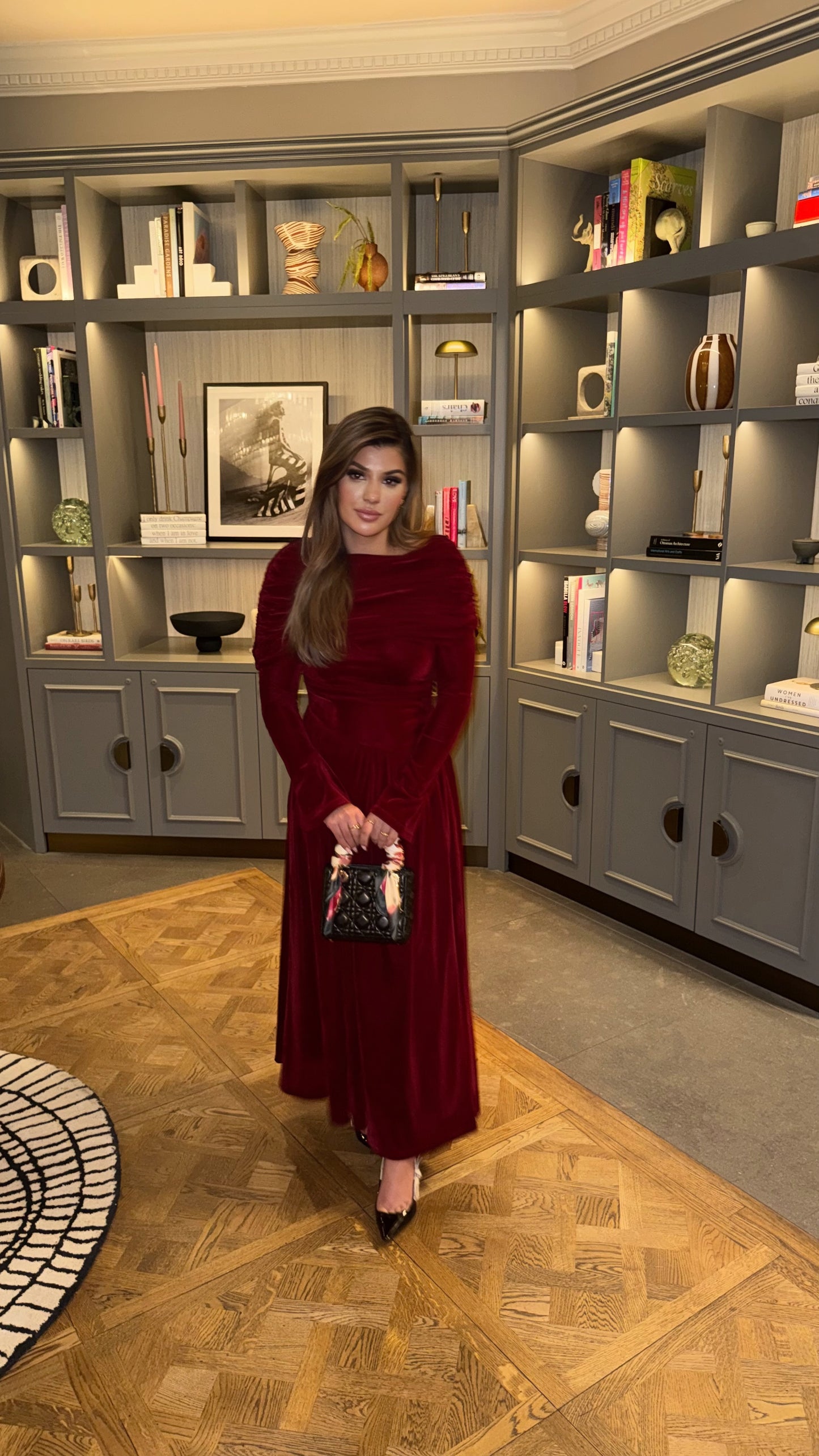 Lunara burgundy velvet maxi dress for modest winter events.