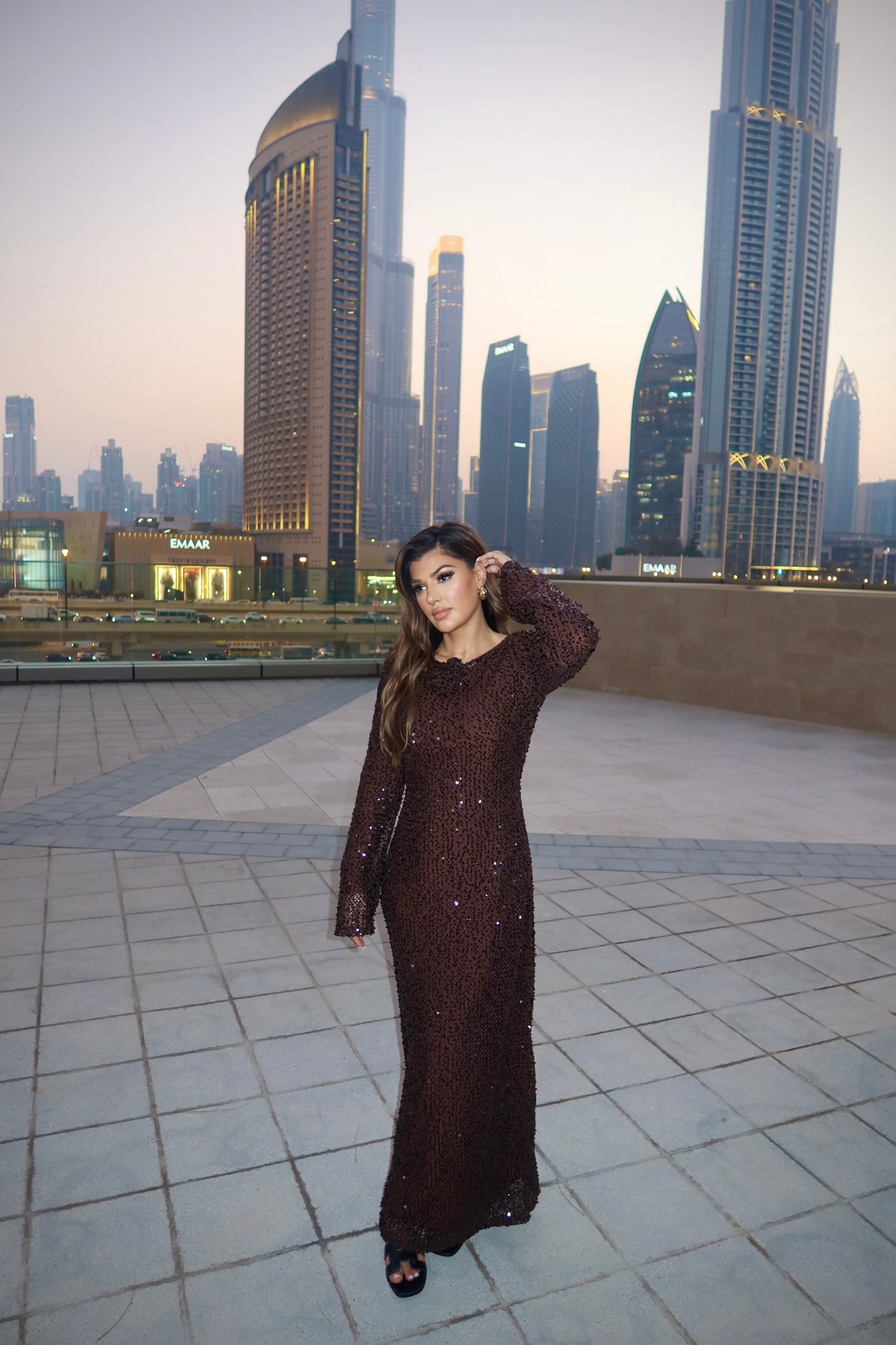 Vierra brown sequin crochet maxi dress with detachable inner dress.