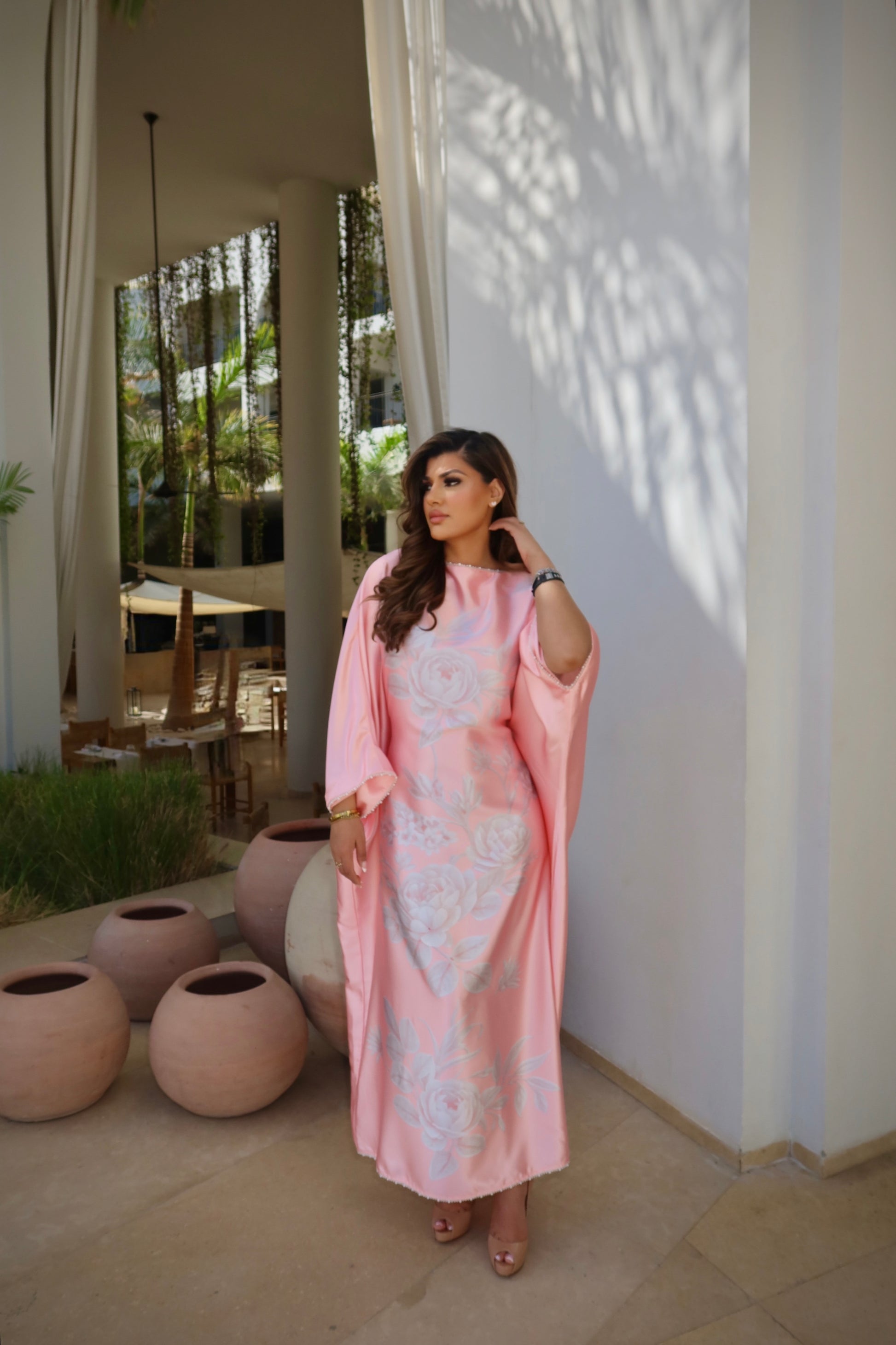 Aveline pink satin modest kaftan dress UK with pearl trim hem.