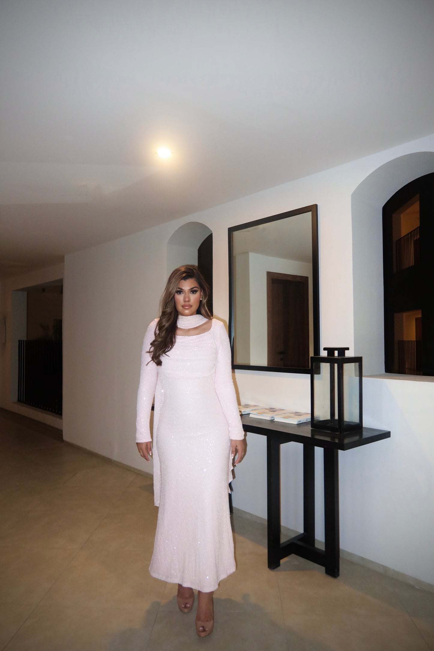 Blushéra blush pink modest long sleeve formal dress.