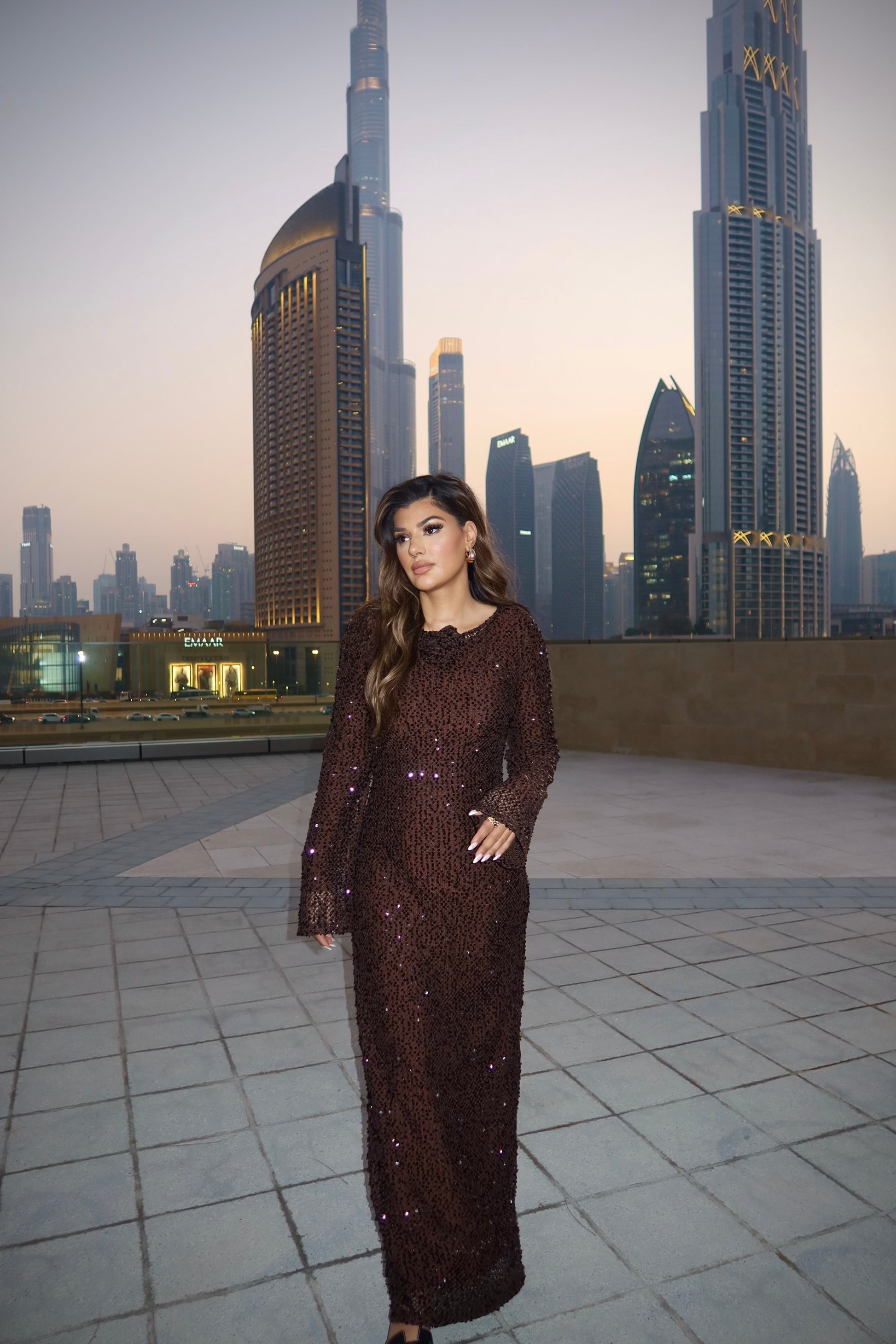 Vierra brown modest occasion sequin maxi dress.