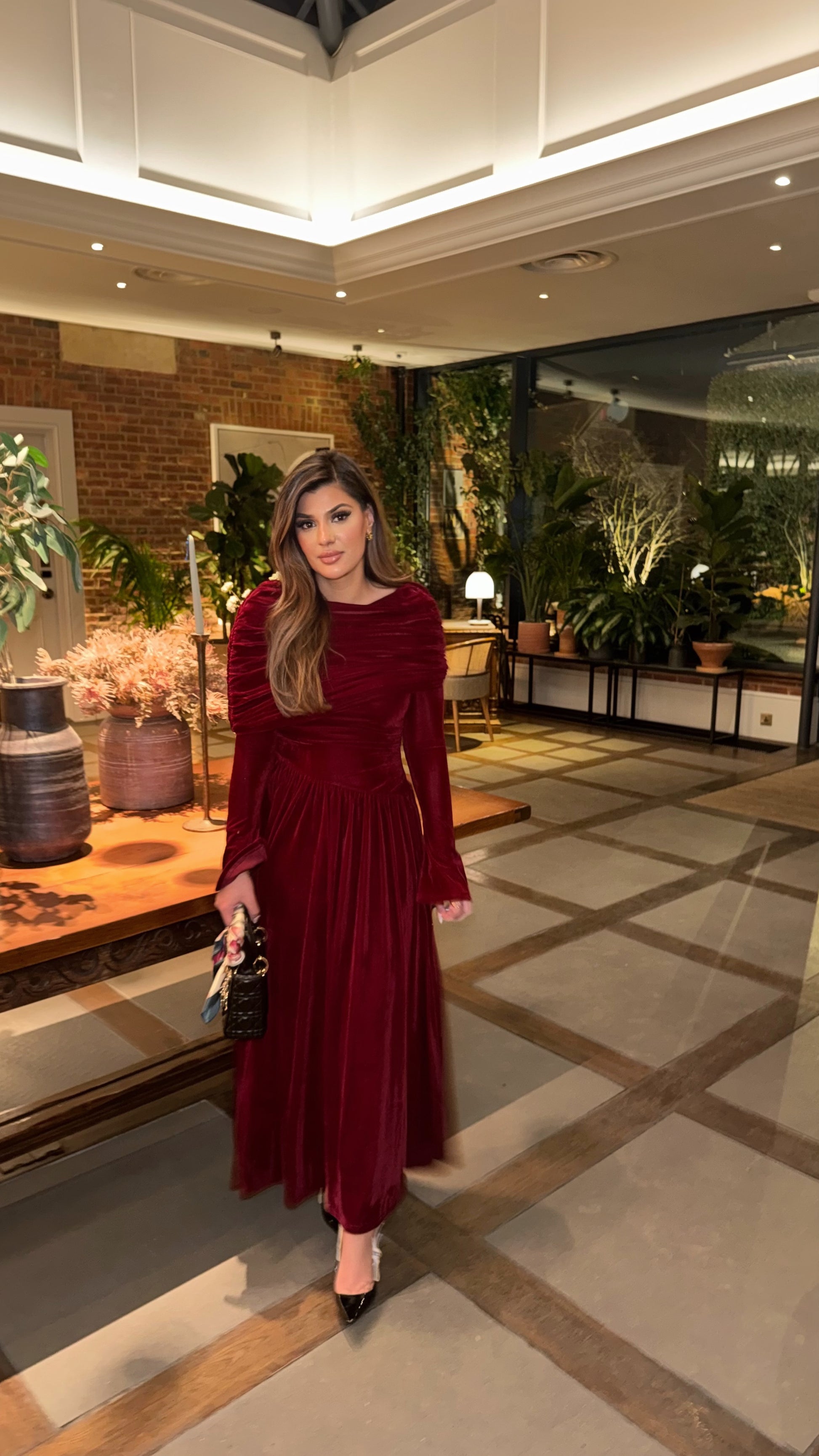 Lunara modest velvet red maxi dress with long sleeves