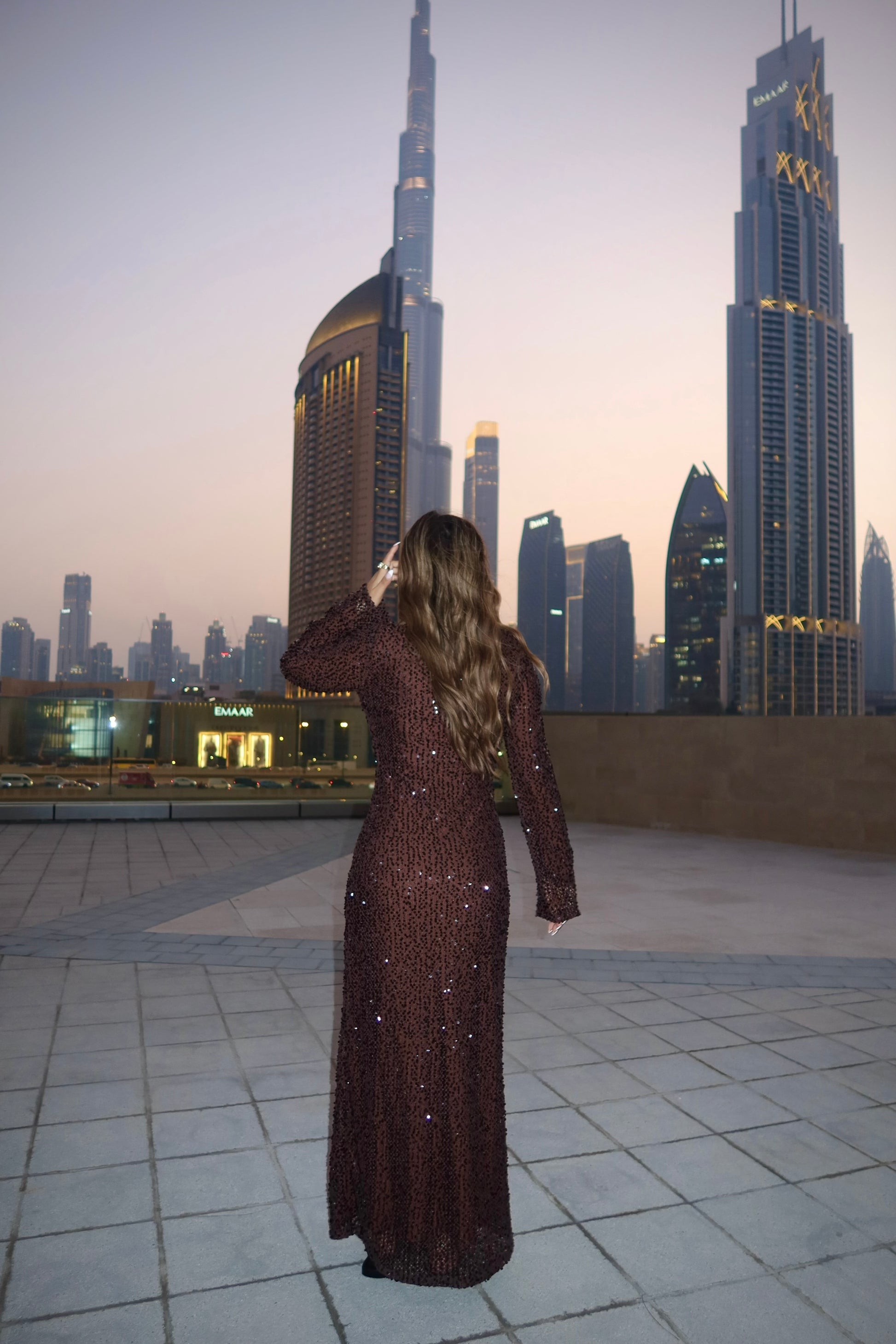 Vierra modest brown sequin maxi dress back view.