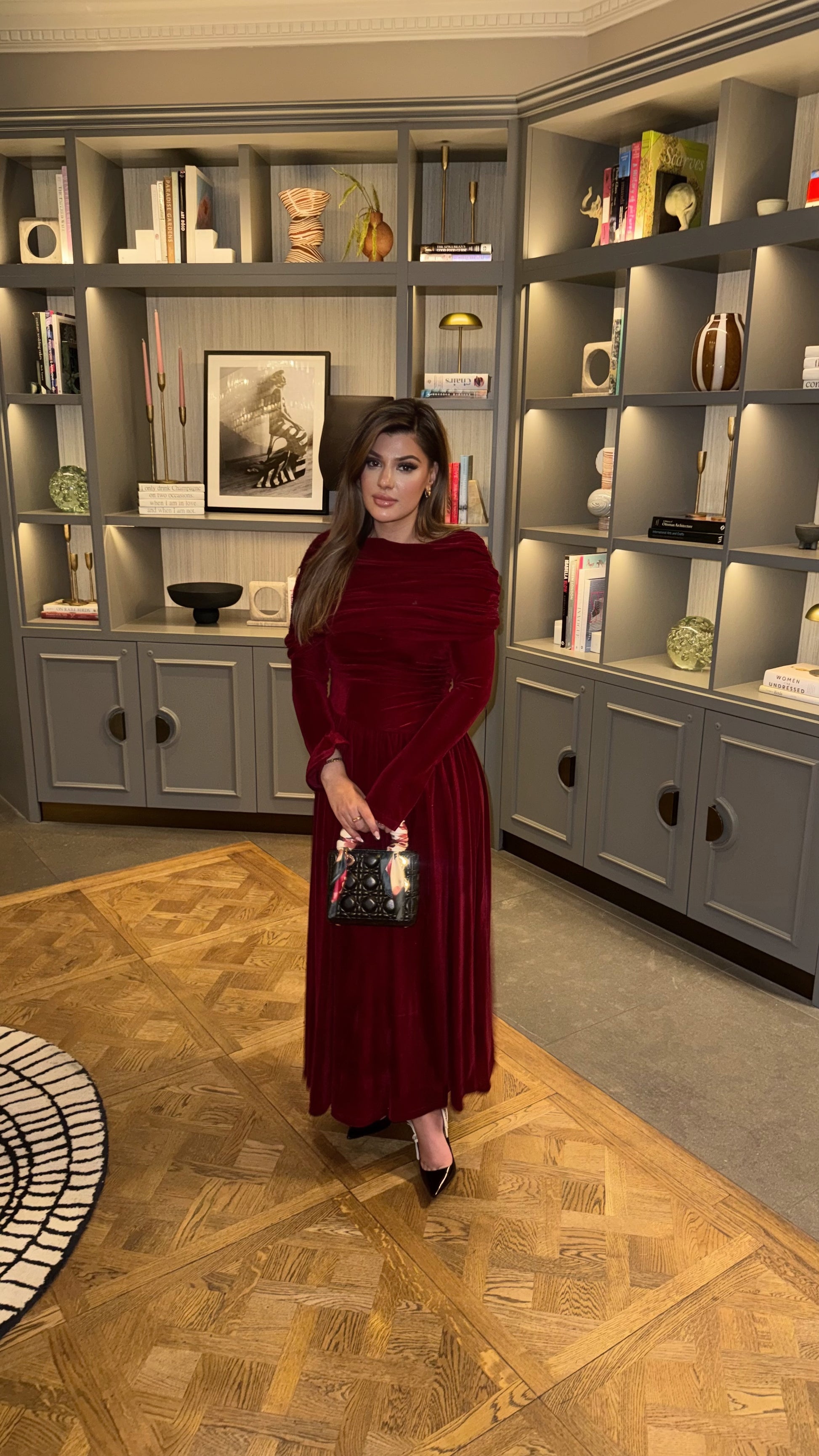 Lunara long sleeve velvet red modest occasion dress.