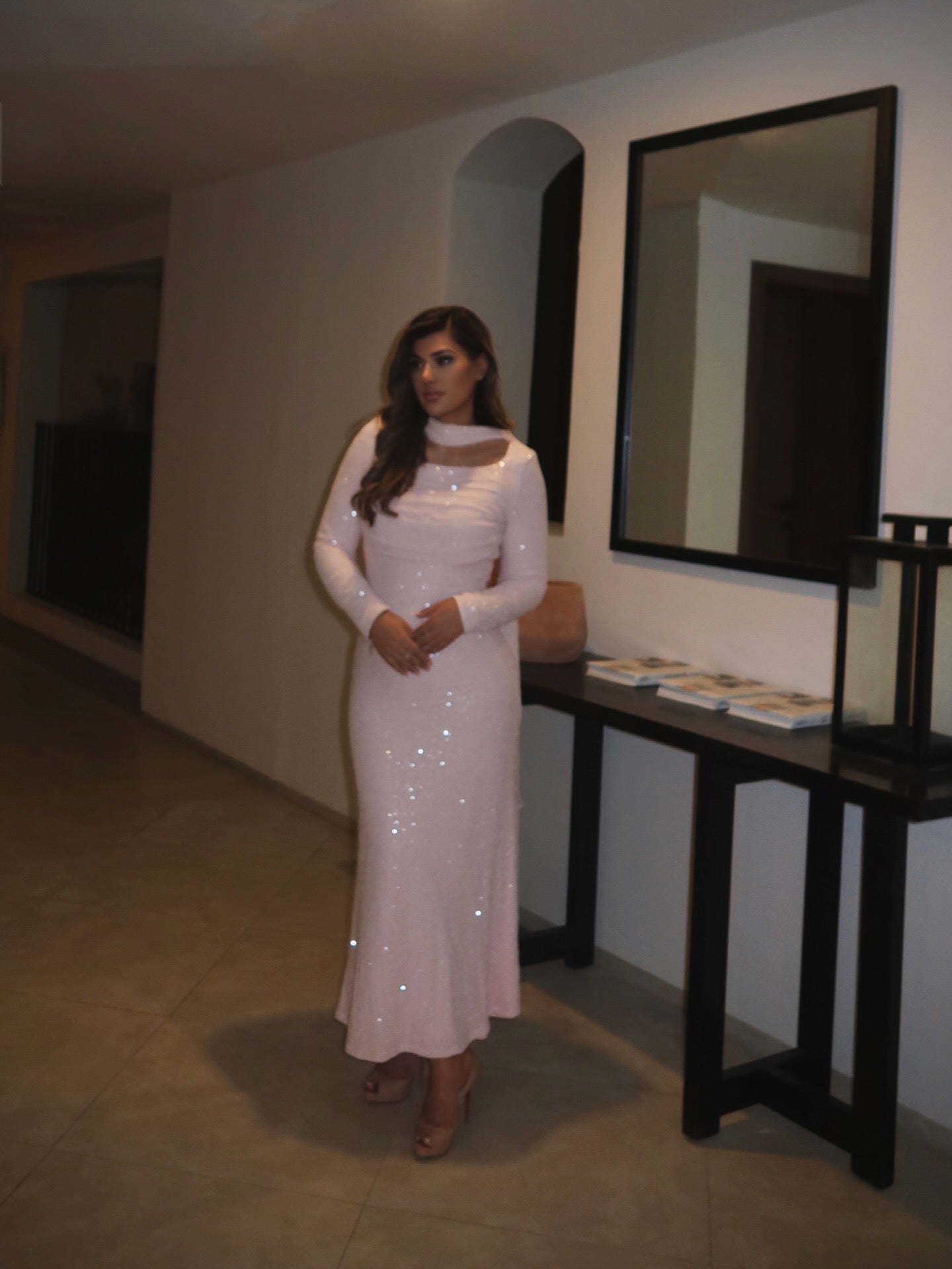 Blushéra pink sequin maxi dress for modest evening wear.