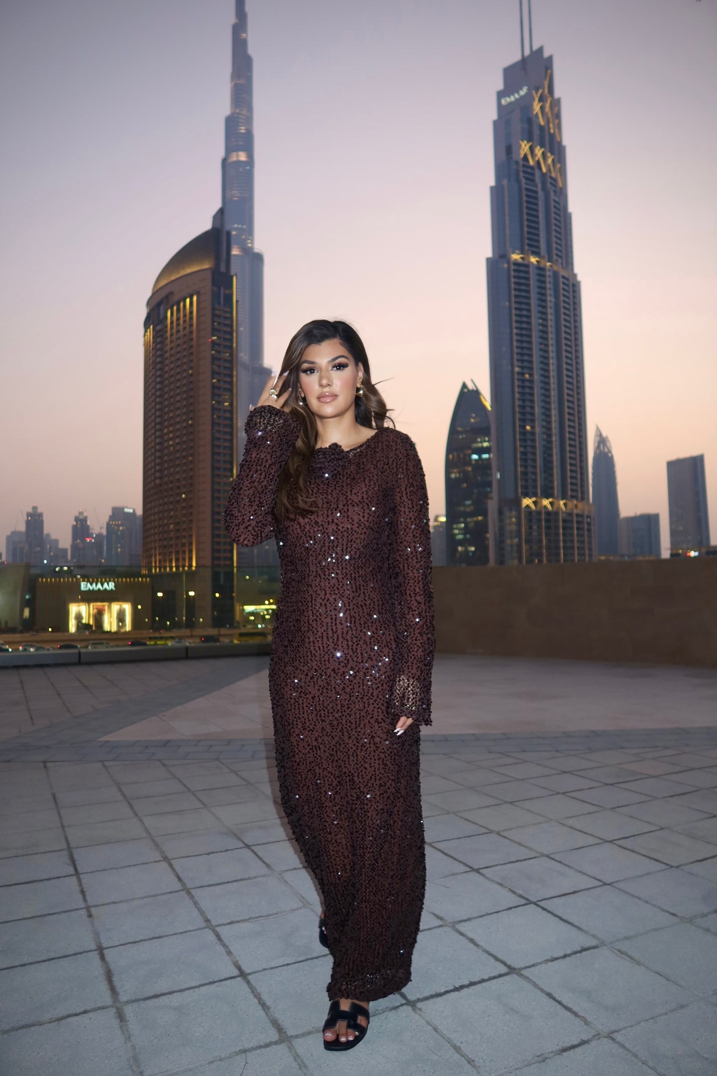 Vierra chocolate brown sequin maxi dress with removable inner dress.