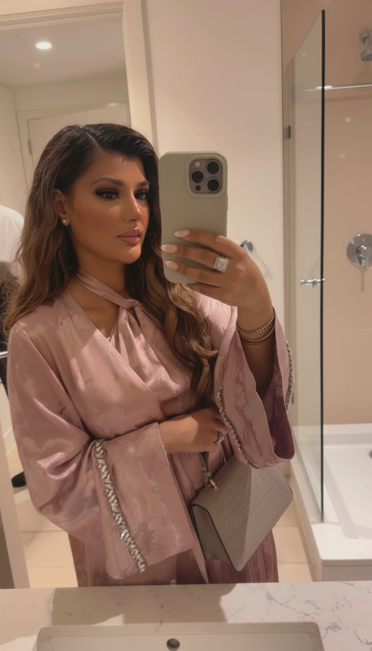 Halter neck detail on modest satin dress from open abaya two piece set and diamond trim on sleeves 