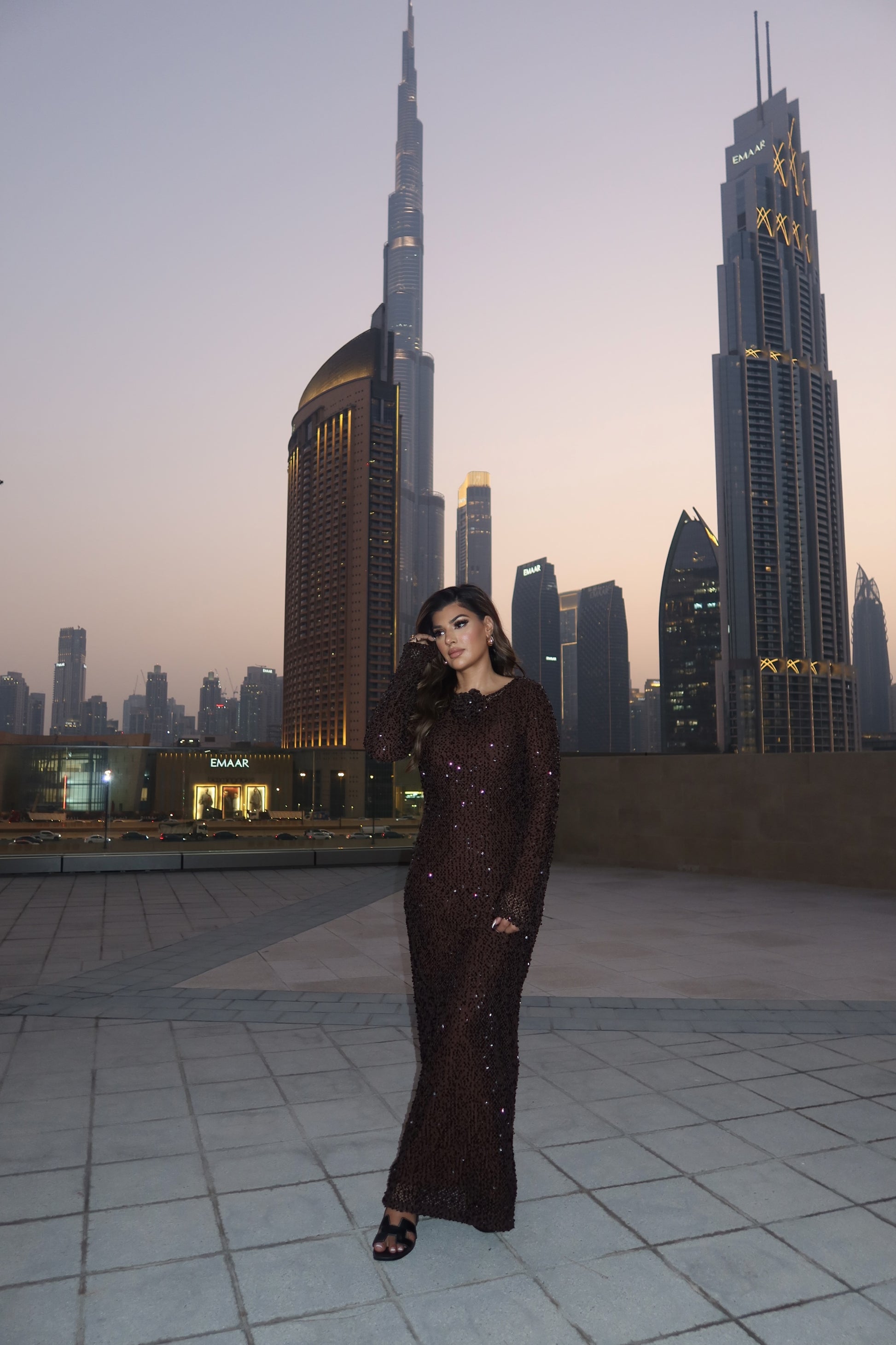 Vierra modest brown sequin maxi dress with long sleeves.