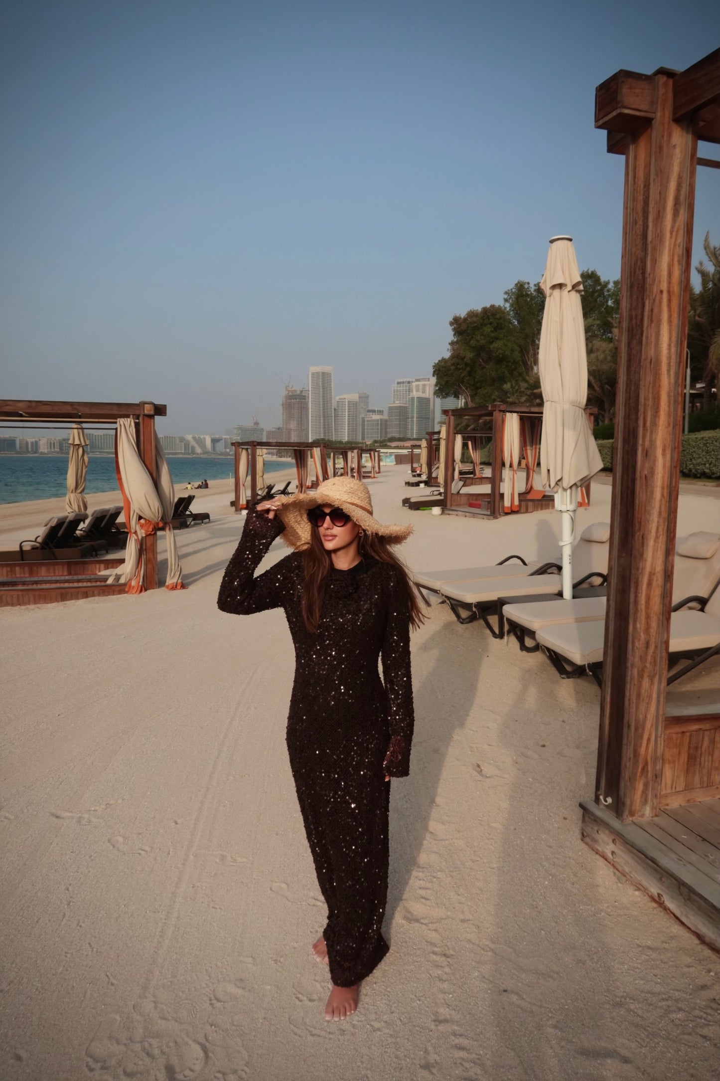 Vierra brown sequin crochet dress worn with matching inner lining.