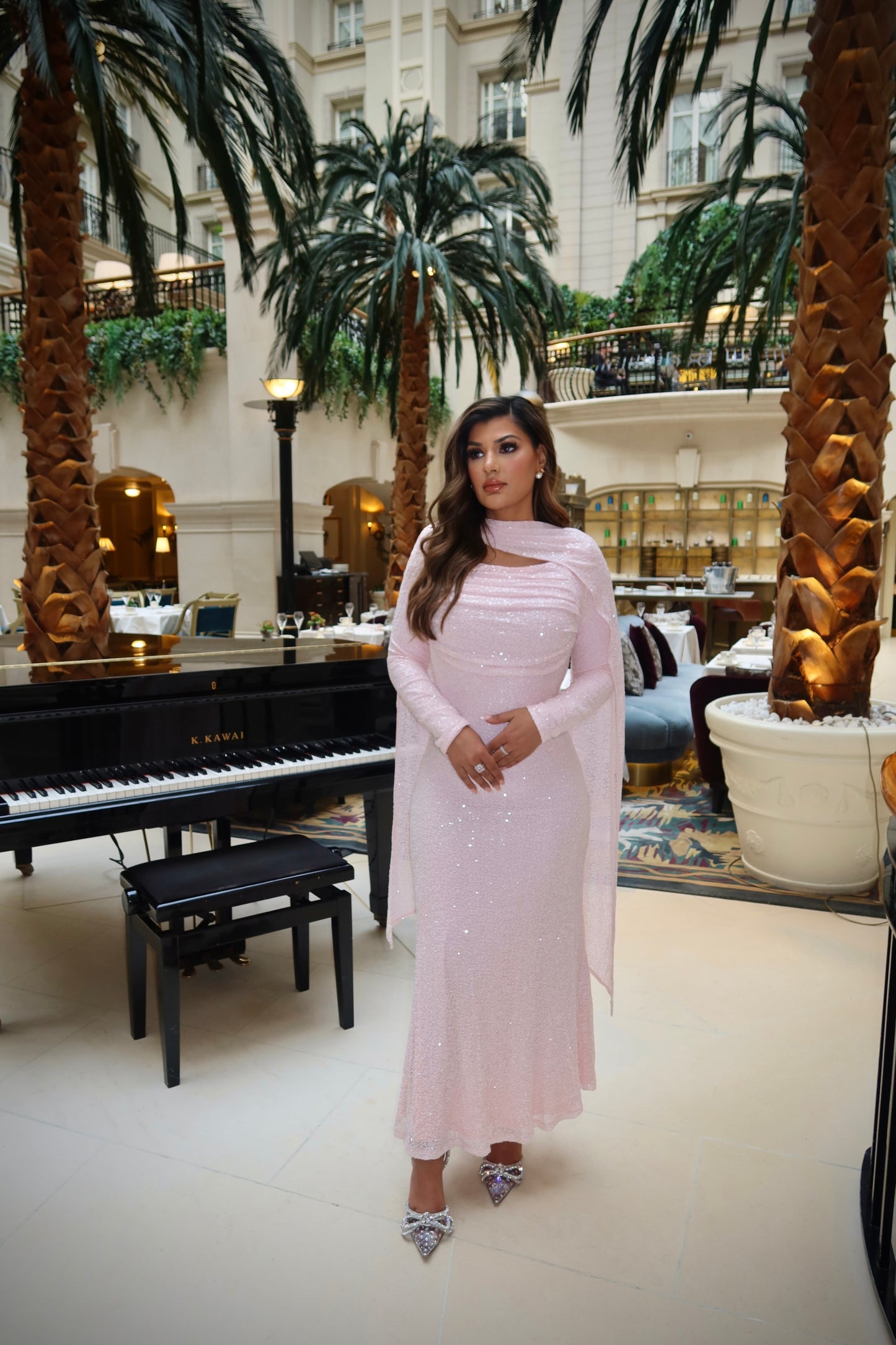 Blushéra blush pink long sleeve sequin modest dress.