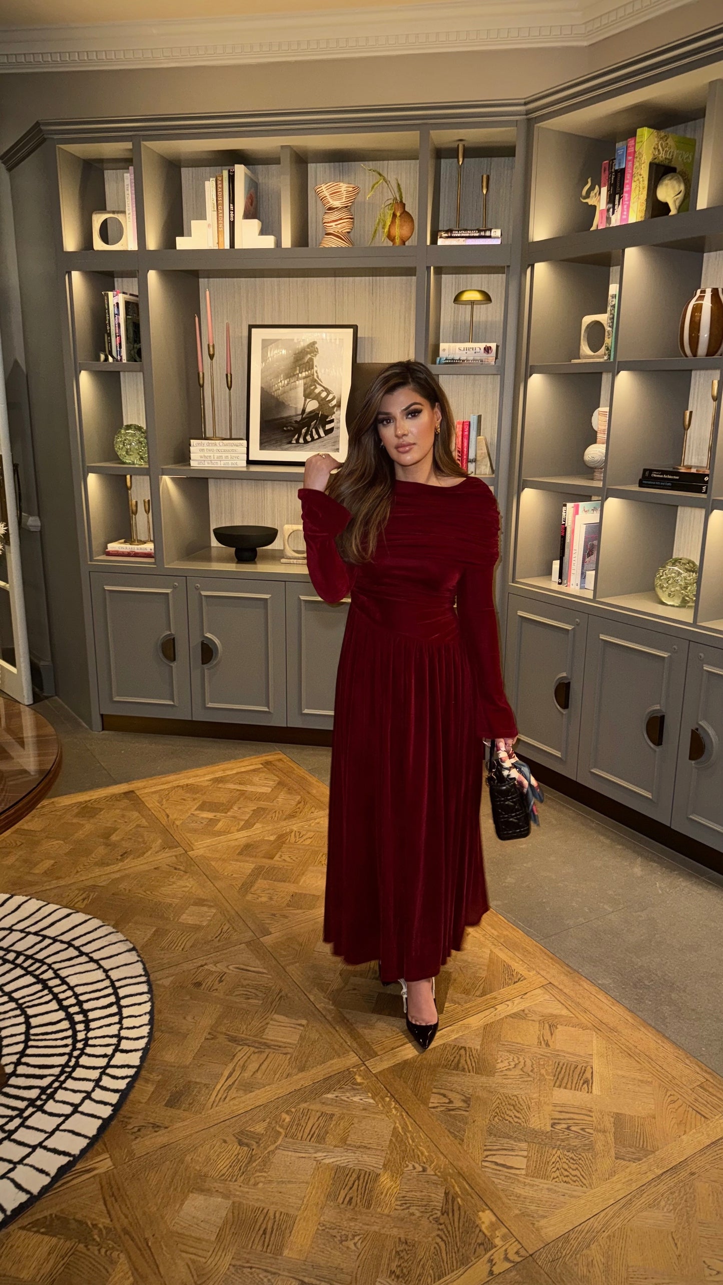 Lunara burgundy velvet modest evening maxi dress.