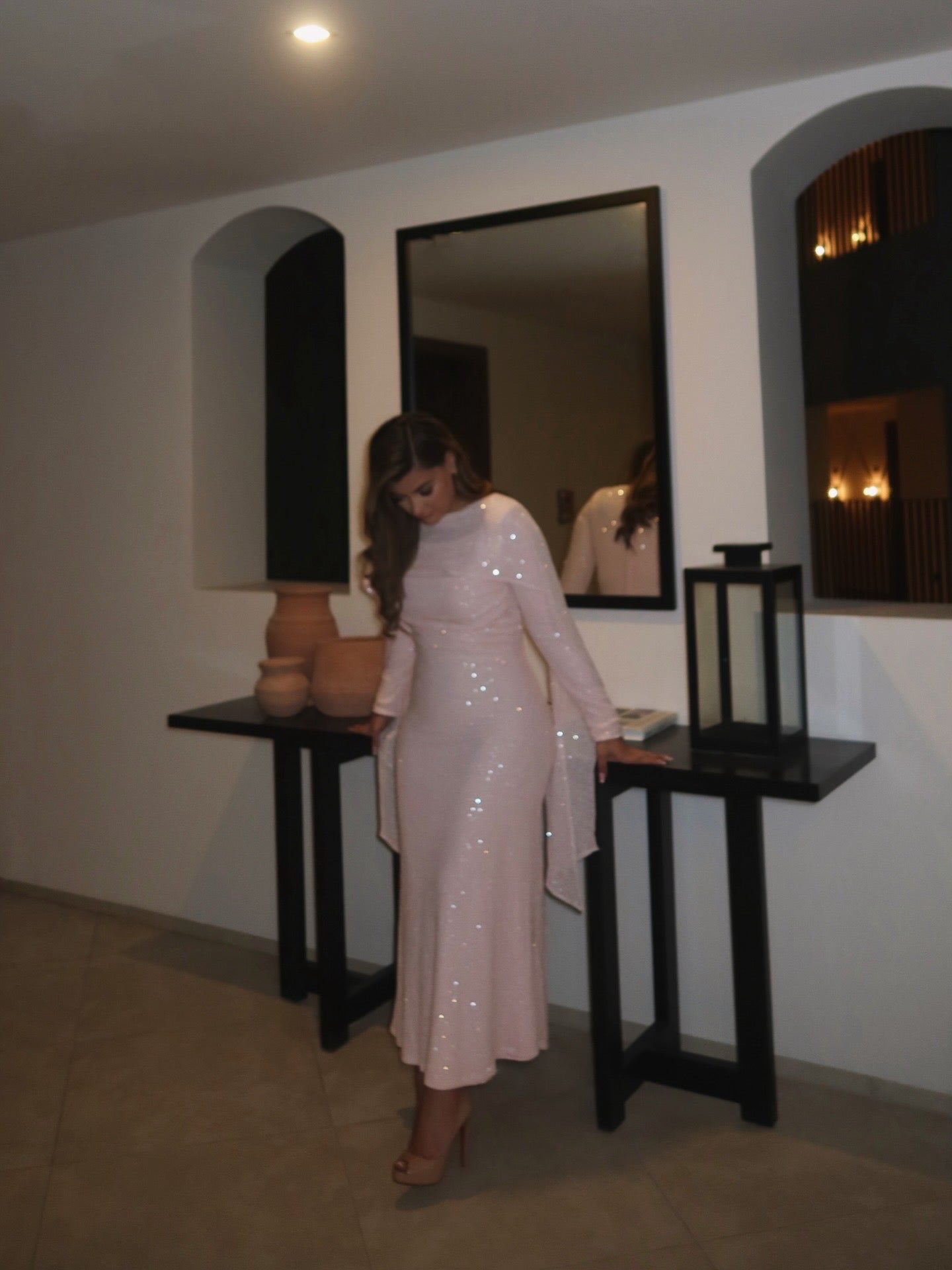 Blushéra pink sequin modest occasion dress UK.