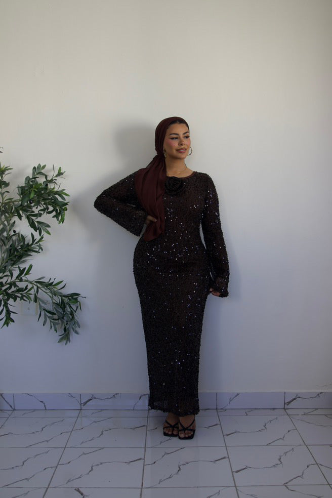 Vierra brown modest evening sequin maxi dress.